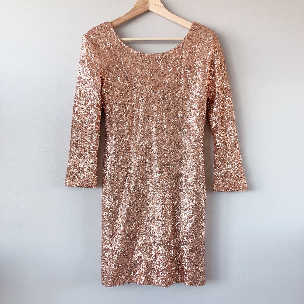 Alythea Sequin dress rose gold large mini cocktail dress holiday party sparkle